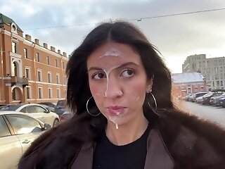 Perverted Russian Whorish Honey Katty West Wank Off A Stranger In A Car And Got His Nut-juice On A Face